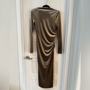 Zara Olive Green Long Sleeve Ruched Midi Dress